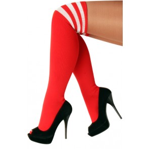 Rode Kniekousen met Witte Strepen  Maat 36 t/m 41