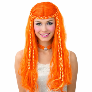 Neon Oranje Pruik met Vlechten