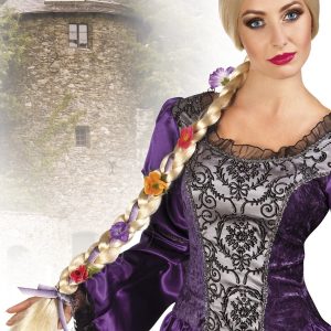 Damespruik Lange Vlecht Blond met Bloemen