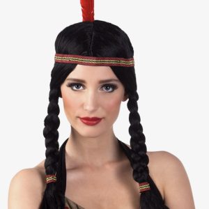 Indianen Pruik Zwart met Vlechten en Veer