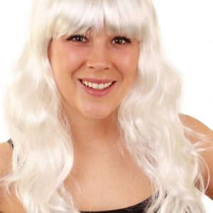 Lange Witte Pruik met Pony, Golvend Haar